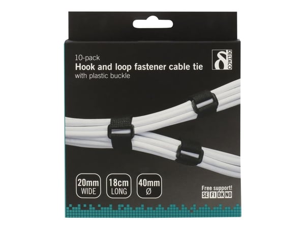 Deltaco CM10S, Hook & loop cable tie, Velcro, Musta, 4 cm, 18 cm, 20 mm