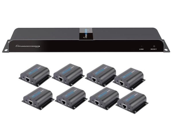 TECHly HDMI 1x8 Extender Splitter over CAT6/6a/7 50m with IR pass-back - Transmitter + 8 receivers - video/lyd/infrarød-utvider - HDMI, infrarød - ...