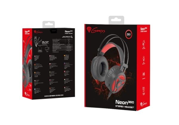 GENESIS Neon 360, Koblet med ledninger (ikke trådløs), Spilling, 20 - 20000 Hz, 390 g, Hodesett, Sort, Rød