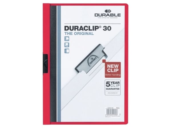 DURABLE DURACLIP 30 - Klipsfil - for A4 (210 x 297 mm) - kapasitet: 30 ark - rød med transparent frontdekke