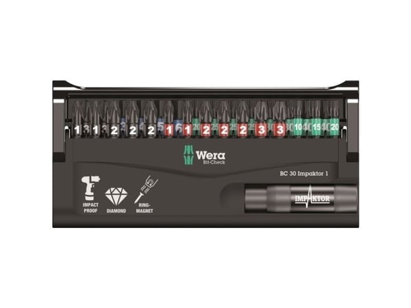 Wera BC 30 Impaktor 1, 30 stykker, Hex (imperisk), Philips, Pozidriv, Torx, PH 1, PH 2, PH 3, PZ 1, PZ 2, PZ 3, T10, T15, T20, T25, T30, T40, 3,4,5...