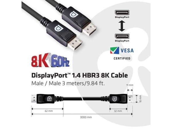 Club 3D - DisplayPort kaapeli - DisplayPort (han) til DisplayPort (han) - DisplayPort 1.4 - 3 m - 8K tuki