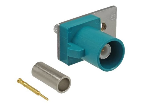 Delock FAKRA Z plug spring pin for crimping 1 prepunched hole - Påknipsbar mulighetsmodulfrontplate - FAKRA Z - RAL 5021, vannblå Delock FAKRA Z plug spring pin for crimping 1 prepunched hole - Påknipsbar mulighetsmodulfrontplate - FAKRA Z - RAL 5021, vannblå