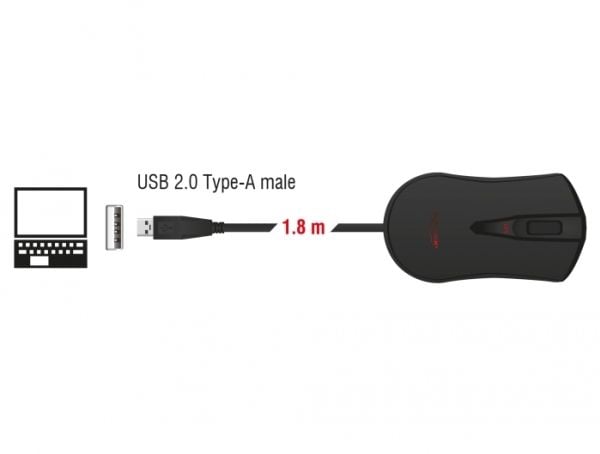 DeLOCK 12531, Molempikätinen, Optinen, USB A-tyyppi, 4800 DPI, Musta, Punainen