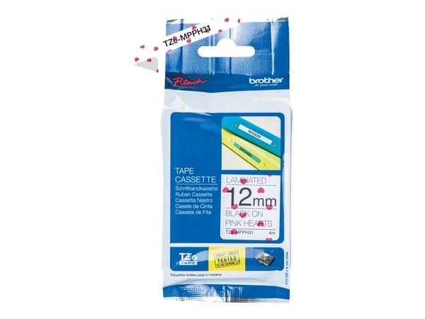 Brother TZe-MPPH31 - Svart på rosa hjerter - Rull (1,2 cm x 4 m) 1 kassett(er) laminert teip - for Brother PT-H110; P-Touch PT-H105, H110; P-Touch ...