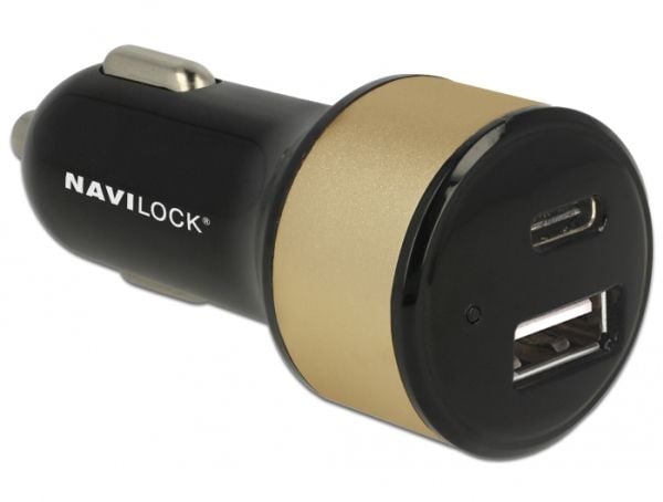 Navilock Car charger - Bilstrømadapter - 3 A (USB, 24 pin USB-C) - svart