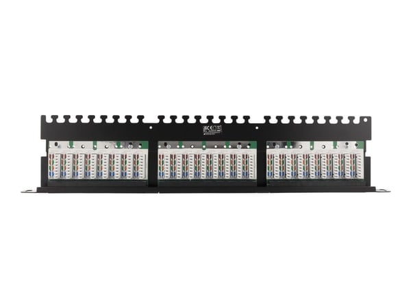 Deltaco UTP kytkentäpaneeli 24xRJ45, Cat6, 0,5U, 19", kaapelituki, RJ45, Cat6, U/UTP (UTP), Telinekiinnitys, 0.5U, Musta