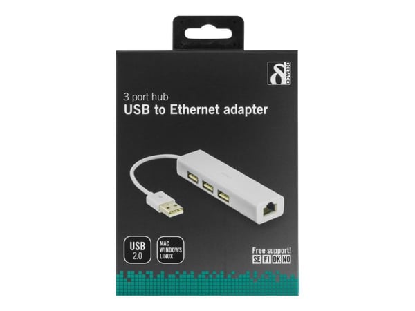 DELTACO USB2-LAN3 - Nätverkskort - USB 2.0 - 10/100 Ethernet x 1 + USB 2.0 x 3 - vit