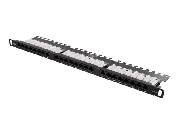 Deltaco UTP kytkentäpaneeli 24xRJ45, Cat6, 0,5U, 19", kaapelituki, RJ45, Cat6, U/UTP (UTP), Telinekiinnitys, 0.5U, Musta