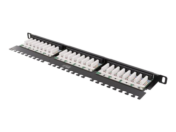 Deltaco UTP kytkentäpaneeli 24xRJ45, Cat6, 0,5U, 19", kaapelituki, RJ45, Cat6, U/UTP (UTP), Telinekiinnitys, 0.5U, Musta