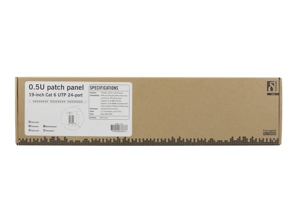 Deltaco UTP kytkentäpaneeli 24xRJ45, Cat6, 0,5U, 19", kaapelituki, RJ45, Cat6, U/UTP (UTP), Telinekiinnitys, 0.5U, Musta
