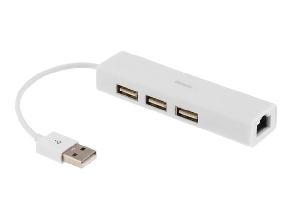 DELTACO USB2-LAN3 - Nätverkskort - USB 2.0 - 10/100 Ethernet x 1 + USB 2.0 x 3 - vit
