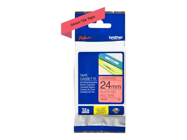 Brother TZe-451 - Standardklebemiddel - svart på rødt - Rull (2,4 cm x 8 m) 1 kassett(er) laminert teip - for Brother PT-D600; P-Touch PT-2430, 360...