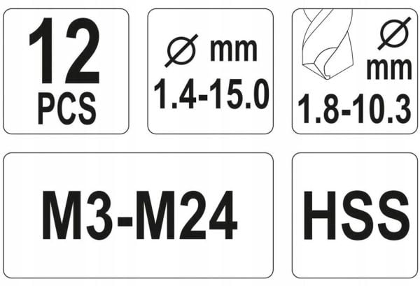Yato YT-0591, Drill, Multi-verktøy, Drill bit set, Høyrehåndsrotasjon, 1,5 cm, Metall, Høy-Hastighets Stål (HHS)