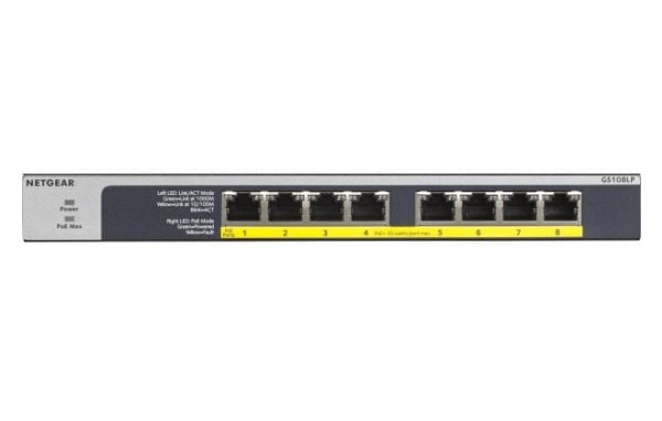 NETGEAR GS108LP - Switch - 8 x 10/100/1000 (PoE+) - stasjonær, rackmonterbar, veggmonterbar - PoE+ (60 W) - DC-strøm