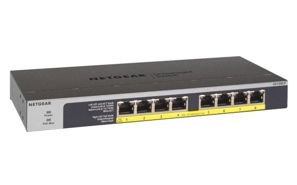 NETGEAR GS108LP - Switch - 8 x 10/100/1000 (PoE+) - stasjonær, rackmonterbar, veggmonterbar - PoE+ (60 W) - DC-strøm