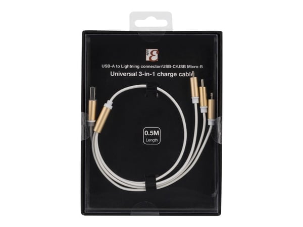 Deltaco USB-MULTI05, 0,5 m, Mini-USB B, USB C/Micro-USB B/Lightning, Kulta, Valkoinen