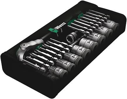 Wera Tools 05004046001, pipenøkkelsett, 29 stk, sort, grønn, skrallehåndtak, 3/8", 8,10,12,13,15,16,17,18,19 mm