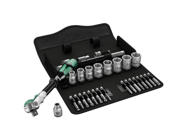 Wera Tools 05004046001, pipenøkkelsett, 29 stk, sort, grønn, skrallehåndtak, 3/8", 8,10,12,13,15,16,17,18,19 mm