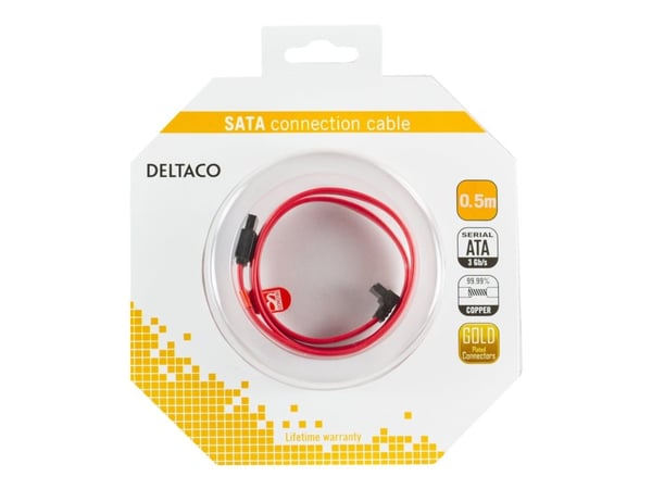 DELTACO SATA-05A-K - ATA/SAS-kaapeli - SATA (hun) til SATA (hun) - 50 cm - nedvinklet stikforbindelse, lige stikforbindelse - rød