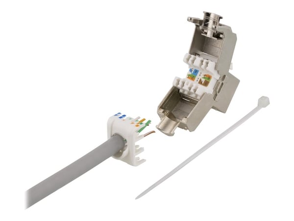 Deltaco Cat6a suojattu Keystone-liitinmoduuli, muovia, valk./met.väri, Tasainen, Hopea, RJ-45, RJ-45, Naaras, Naaras