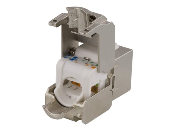 Deltaco Cat6a suojattu Keystone-liitinmoduuli, muovia, valk./met.väri, Tasainen, Hopea, RJ-45, RJ-45, Naaras, Naaras