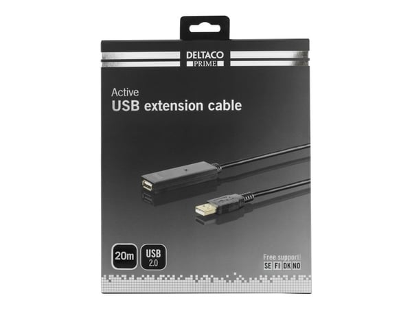 Deltaco USB jatkokaapeli, aktiivinen, USB 2.0, 20m, 20 m, USB A, USB A, USB 2.0, Uros/naaras, musta