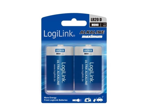 LogiLink LR20B2, Engangsbatteri, D, Alkalinsk, 1,5 V, 2 stykker, 10200 mAh