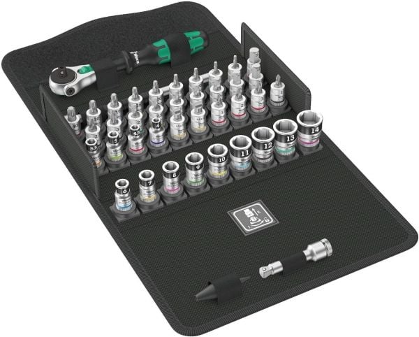 Wera 8100 SA All-in, Pipenøkkelsett, 42 stykker, Sort, Kromfarget, Grønn, Skrallehåndtak, 1 stykker, 1/4"