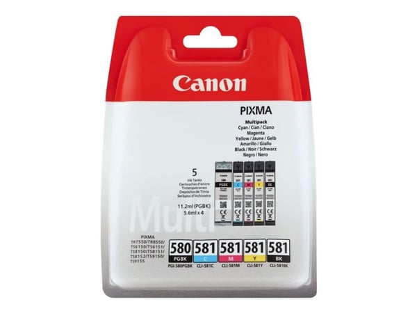 Canon PGI-580/CL-581, Perusvärintuotto, Musta, Syaani, Magenta, Keltainen, 11,2 ml, 5,6 ml, 5 kpl, Monipakkaus