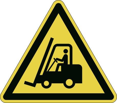 Advarselsklistermærke Hold øje med trucks Ø43cm 0,4 mm gul/sort