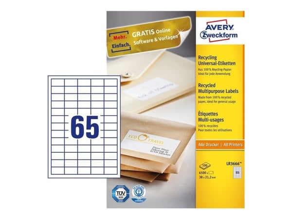 Avery QuickPEEL resirkulerte etiketter LR3666 - 21,2 x 38 mm 6500 etikett(er) (100 ark x 65 resirkulerte etiketter