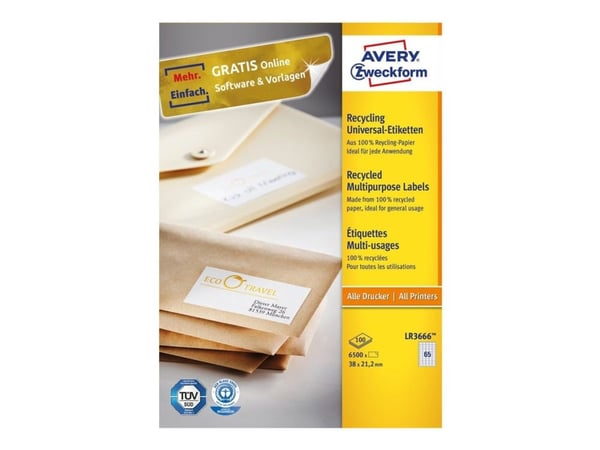 Avery QuickPEEL resirkulerte etiketter LR3666 - 21,2 x 38 mm 6500 etikett(er) (100 ark x 65 resirkulerte etiketter