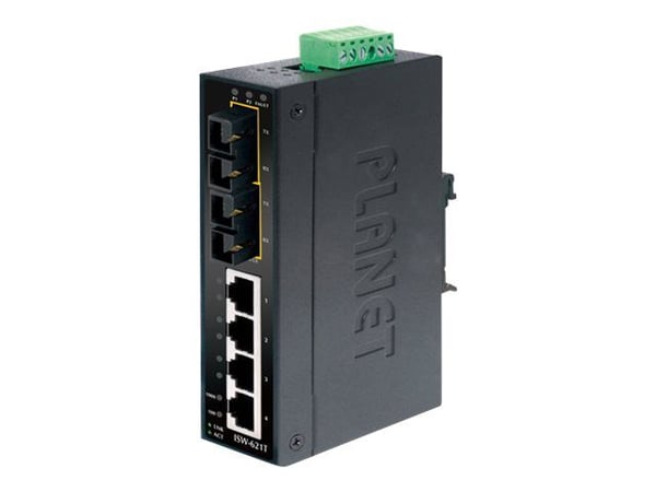 PLANET ISW-621T - Switch - 4 x 10/100 + 2 x 100Base-FX - DIN-skinnemonterbar, veggmonterbar - DC-strøm