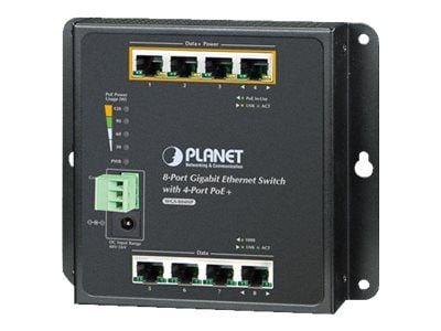 PLANET WGS-804HP - Switch - ikke-styrt - 4 x 10/100/1000 (PoE+) + 4 x 10/100/1000 - DIN-skinnemonterbar, veggmonterbar - PoE+ (120 W) - DC-strøm