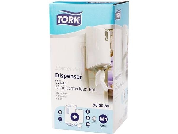 Håndklerull Tork M1 startpakke - med 1 dispenser + 1 minirull 1-lags hvit