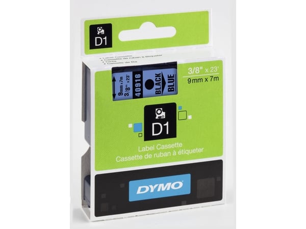 DYMO D1 - Selv-adhesiv - sort på blått - Rull (0,9 cm x 7 m) 1 kassett(er) merketape - for LabelMANAGER 120P, 210D, 220P, 350D, 450D; LabelPOINT 25...