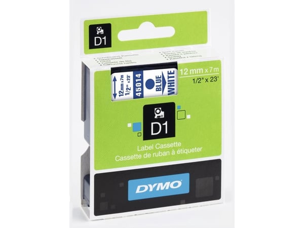 Teksttape Dymo D1, 12 mm, blå/hvid