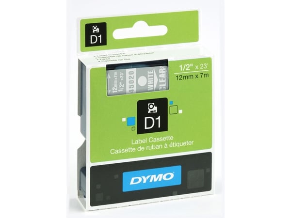 DYMO D1 - Selv-adhesiv - hvitt på transparent - Rull (1,2 cm x 7 m) 1 kassett(er) merketape - for LabelMANAGER 160, 210D, 210D Kit, 210D Kit Case, ...