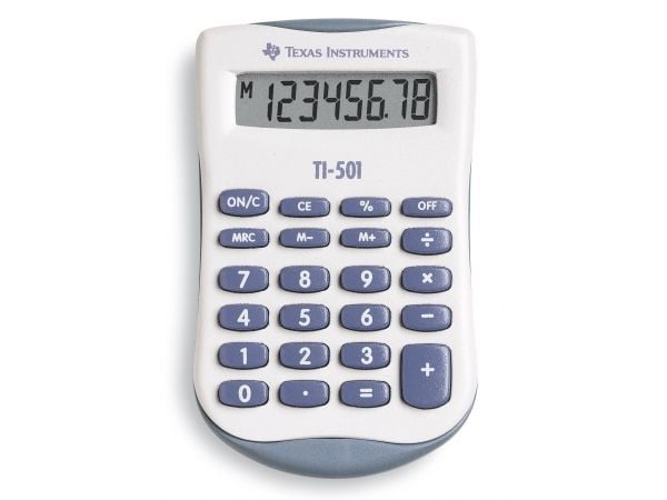 Texas Instruments TI-501, Lomme, Grunnleggende, 8 sifre, Batteri, Blå, Hvit