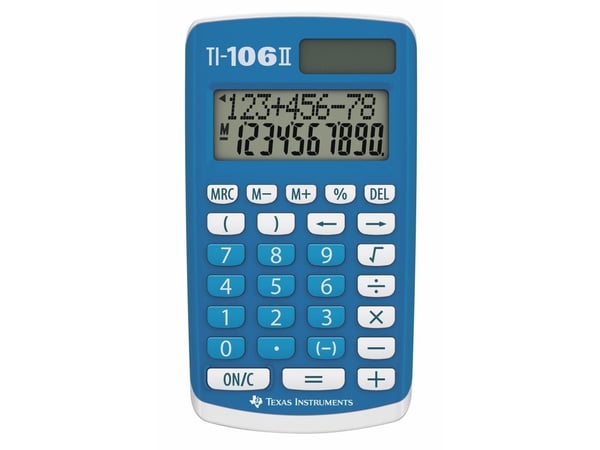 Texas Instruments TI 106-II, Tasku, Perus, 2 linjat, Akku/Aurinko, Sininen, Valkoinen