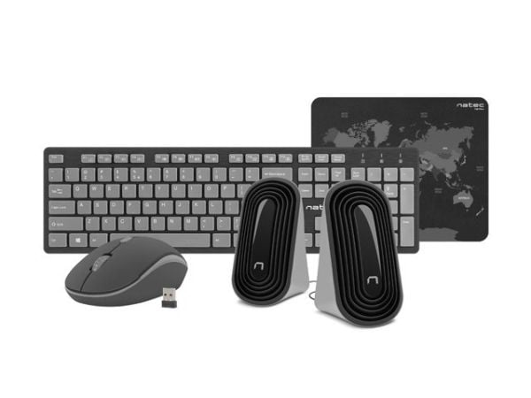 NATEC TETRA, Trådlös, USB, Membrantangentbrytare, QWERTY, Svart, Grå, Mus inkluderad