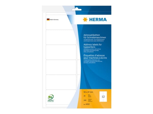 HERMA - Permanent selvklebende - hvit - 94 x 47 mm 240 etikett(er) (20 ark x 12 adresseetiketter)