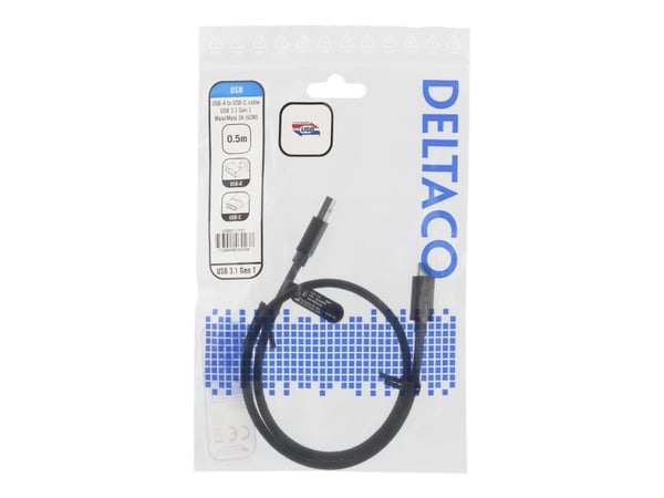 DELTACO - USB-kabel - USB-type A (hann) til USB-C (hann) - USB 3.1 Gen 1 - 3 A - 50 cm - svart