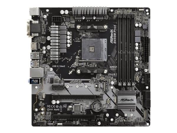 ASRock B450M PRO4 - Hovedkort - mikro ATX - Socket AM4 - AMD B450 Chipset - USB 3.1 Gen 1, USB-C Gen2, USB 3.1 Gen 2 - Gigabit LAN - innbygd grafik...