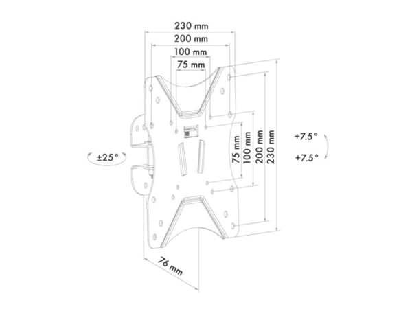 Schwaiger LWH14225 513, 75 x 75 mm, 200 x 200 mm, 7,5 - -7,5°, 25 - -25°, Aluminium, Sort