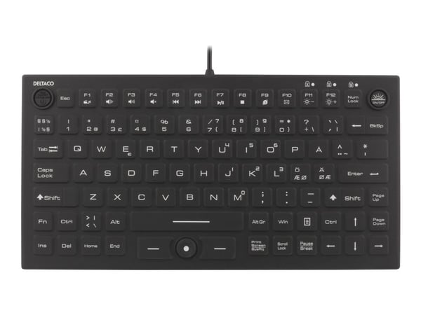 Deltaco Vesitiivis näppäimistö, valm. silikon., IP68, kompakti, musta, Mini, Kalvokytkin, QWERTY, LED, Musta
