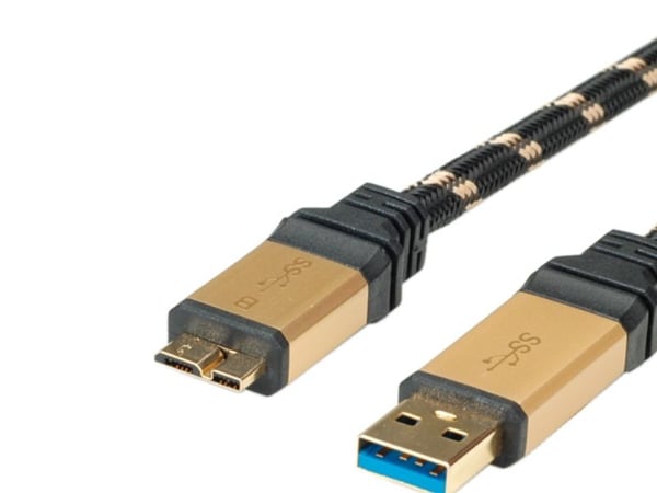 ROLINE 11.02.8878, 0,8 m, USB A, Micro-USB B, USB 3.2 Gen 1 (3.1 Gen 1), Hankjønn/hankjønn, Sort, Gull