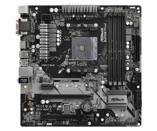 ASRock B450M PRO4 - Hovedkort - mikro ATX - Socket AM4 - AMD B450 Chipset - USB 3.1 Gen 1, USB-C Gen2, USB 3.1 Gen 2 - Gigabit LAN - innbygd grafik...
