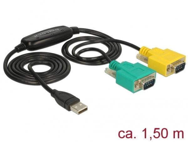 Delock Adapter USB 2.0 Type-A > 2 x Serial DB9 RS-232 - USB / seriell-kabel - USB (hann) til DB-9 (hann) - 1.5 m - tommelskruer - svart, gul, grønn